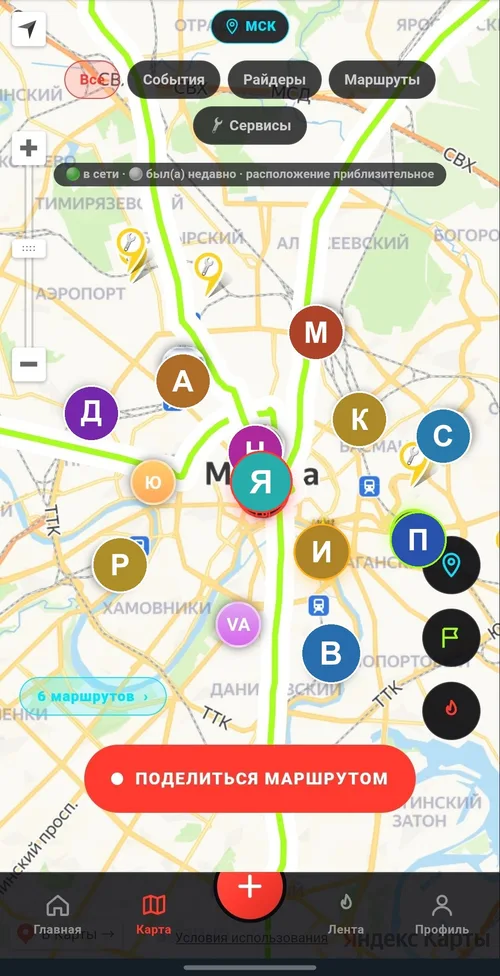 Карта MotoClaim: маршруты райдеров, мото-сервисы и кнопка «Поделиться маршрутом»